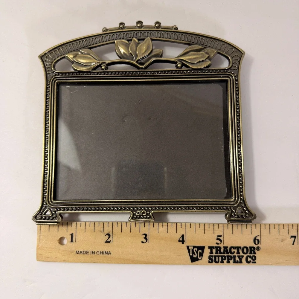 Vintage Art Nouveau Picture Frame Brass Tone Floral Magnolia Hollywood Regency